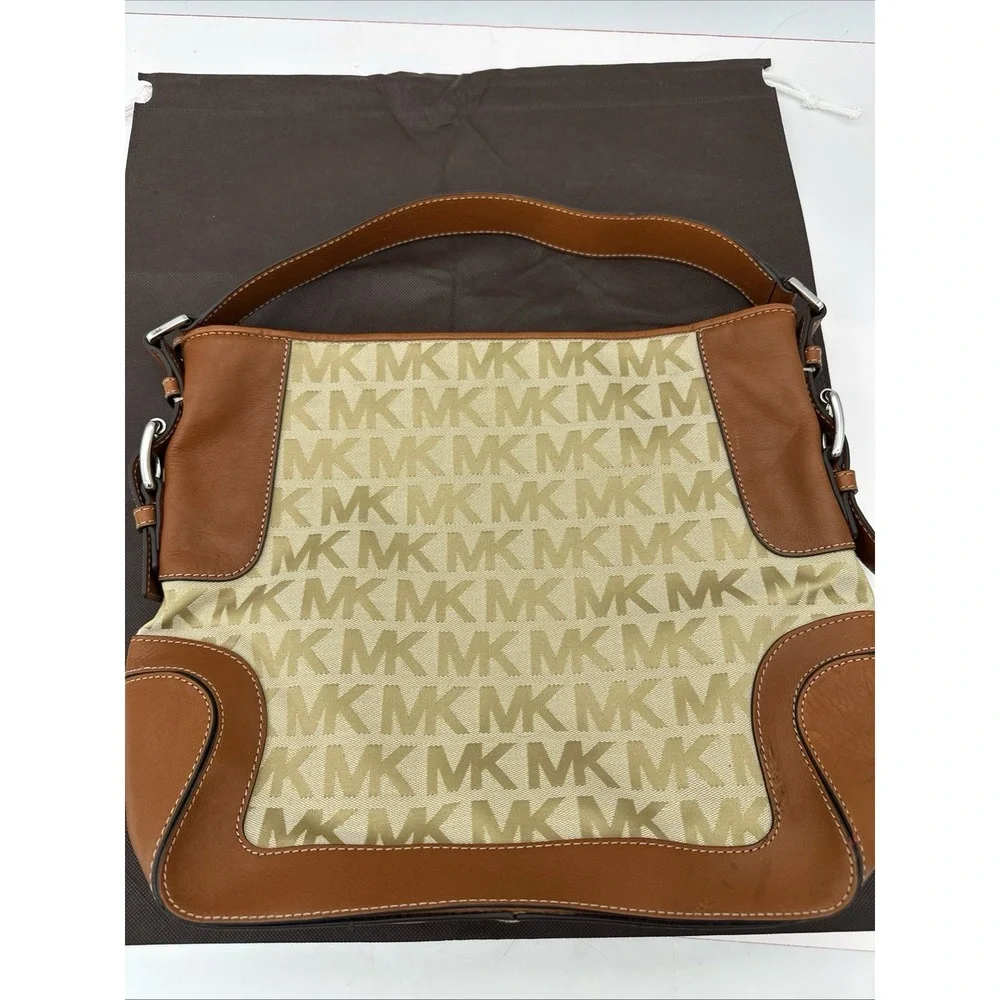 Michael Kors Brookville Large Shoulder Bag MK Logo Jacquard Beige Brown